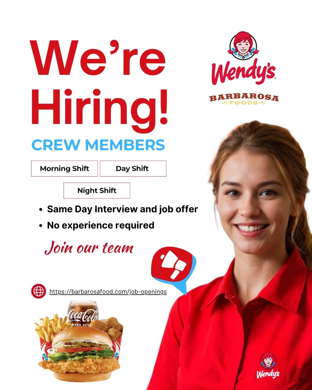 Wendy’s hiring crew members in Utah with Barbarosa Foods for morning, day, and night shifts