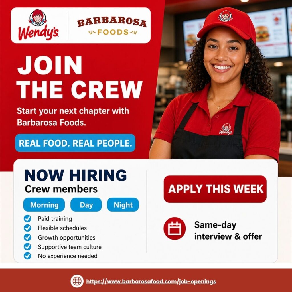 A smiling Wendy's crew member in uniform next to a Barbarosa Foods hiring banner detailing job benefits and same-day interviews for Wendy's interview preparation.