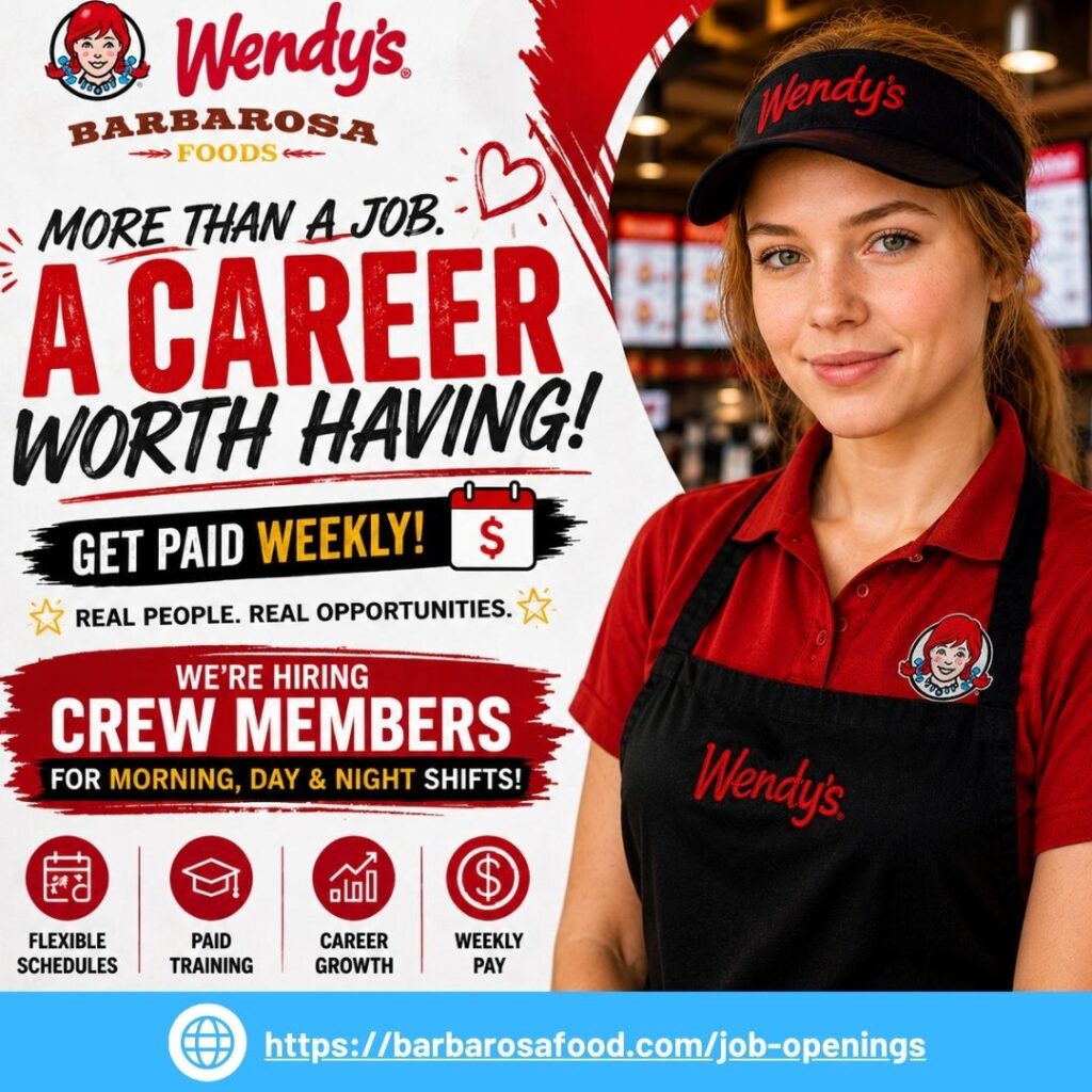 Barbarosa Foods Wendy's crew member recruitment poster promoting weekly pay, flexible schedules, paid training, career growth, and hiring opportunities across Utah.
