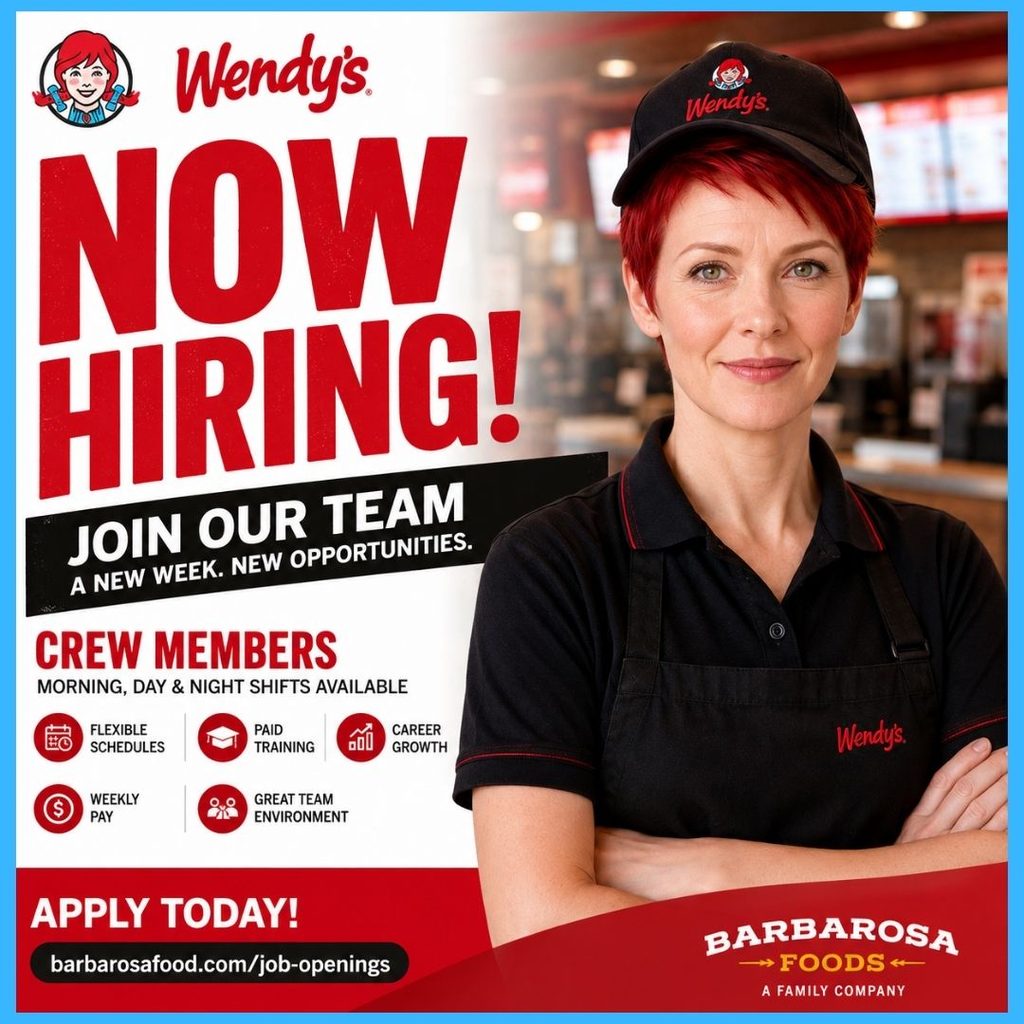 Professional Wendy's Crew Member recruitment poster promoting Barbarosa Foods careers in Utah with weekly pay, flexible schedules, paid training, career growth, and now hiring message.