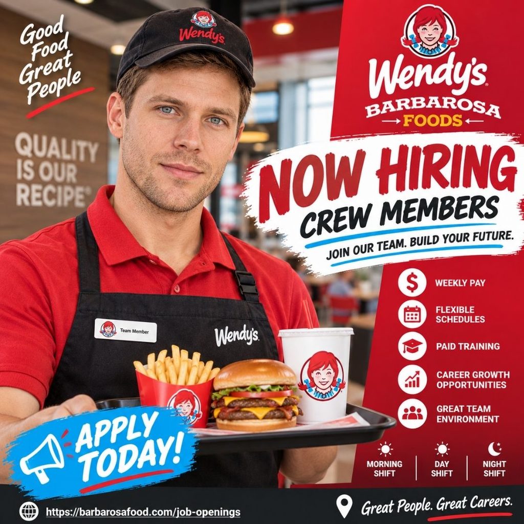 Professional Wendy's Crew Member recruitment poster promoting career opportunities with Barbarosa Foods across 16 Utah locations, featuring weekly pay, flexible schedules, paid training, and career growth.